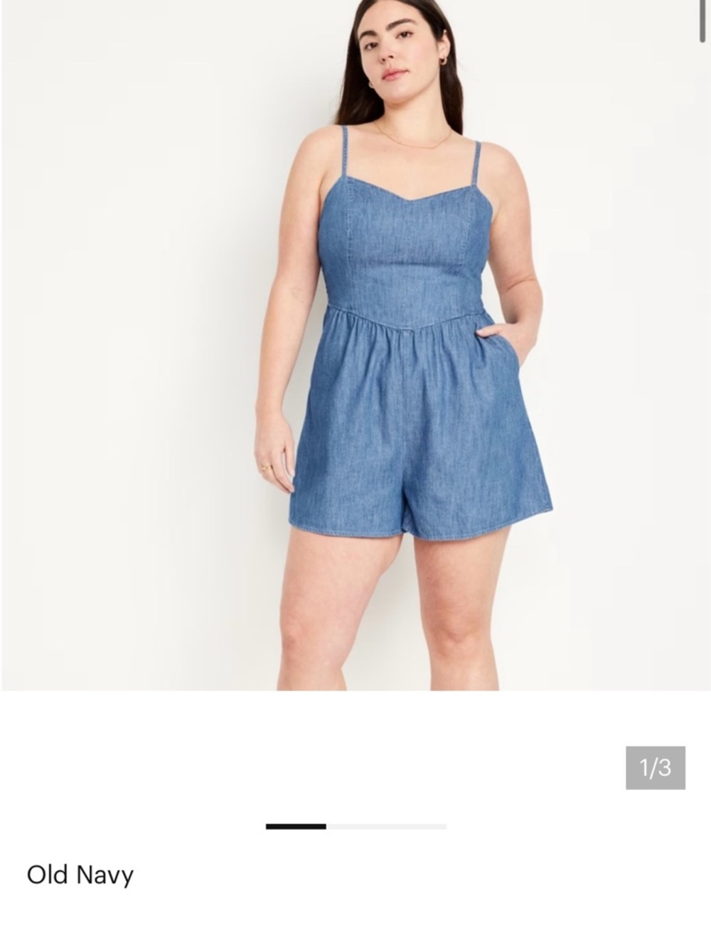 Old Navy Blue Denim and black Smocked Strap Romper size large - Picture 2 of 9